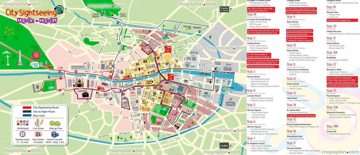 Карта автобусных туров Hop On Hop Off в Дублине